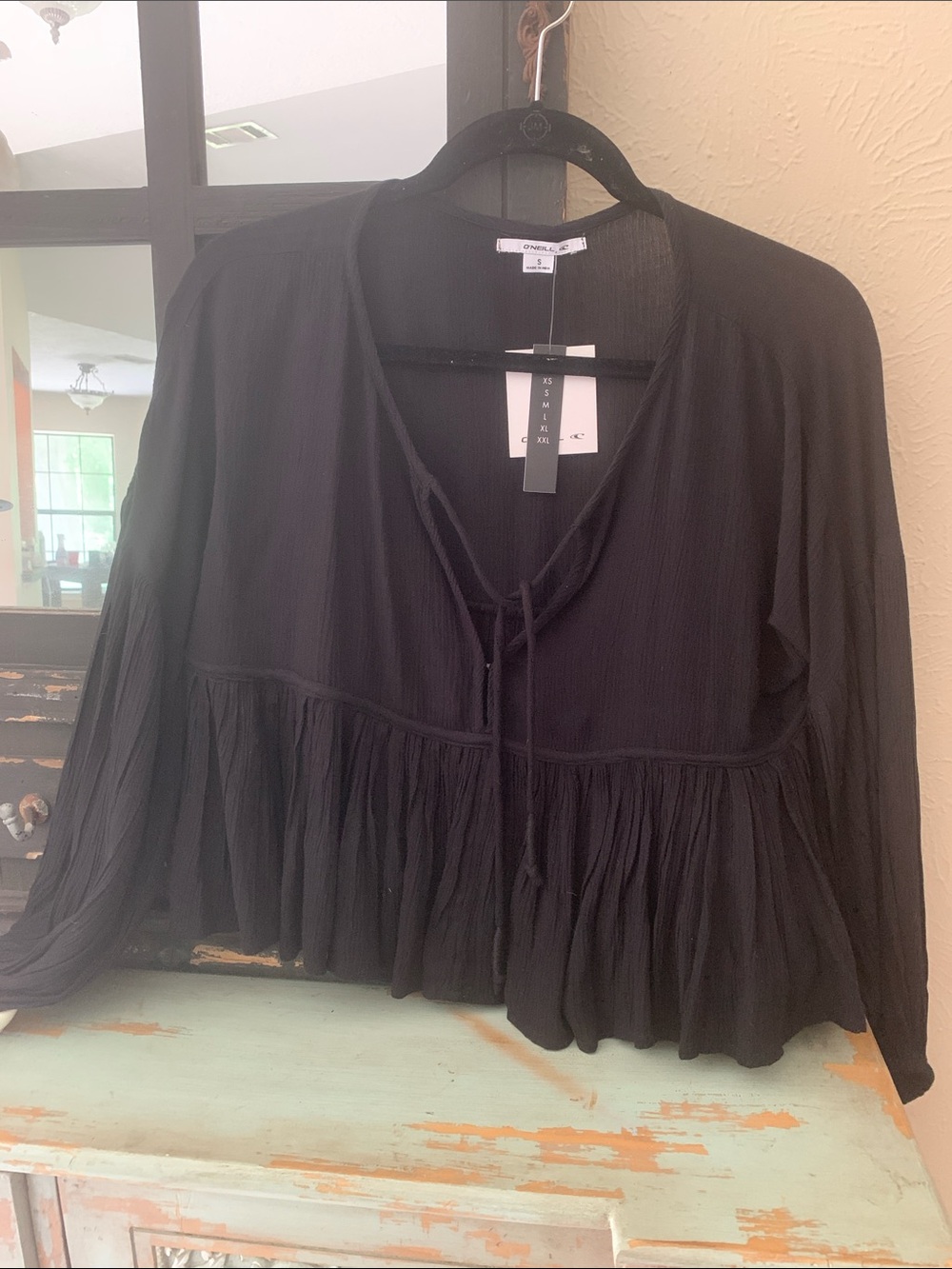 O'Neill Black Peasant Tunic with Tie Neck